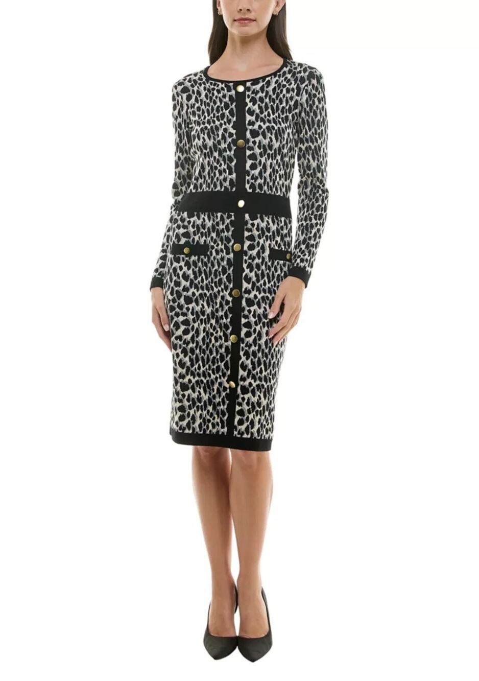 Taylor Women's Animal Print Sweater Dress with Buttons Size S Black Gray Cream